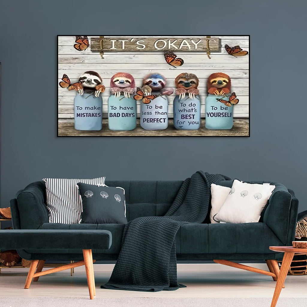 Five sloths in jars with butterflies, text reads 'It's Okay' and motivational phrases.