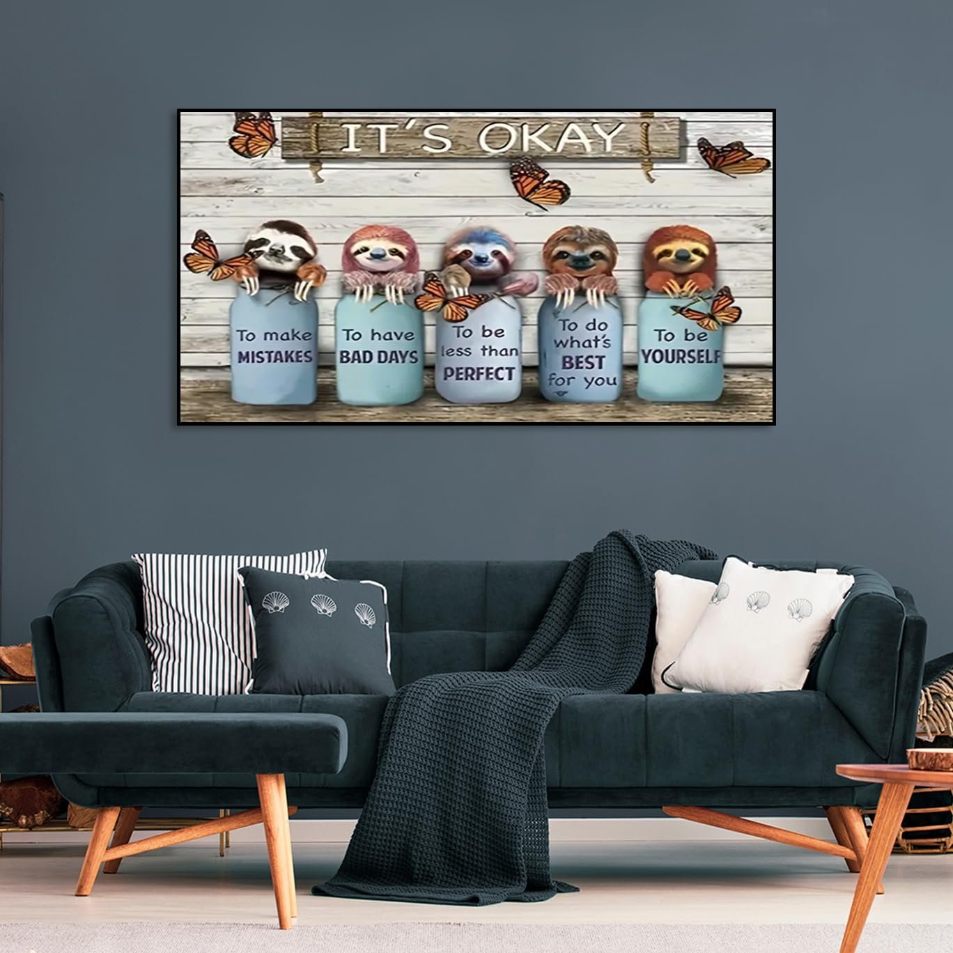 Five sloths in jars with butterflies, text reads 'It's Okay' and motivational phrases.