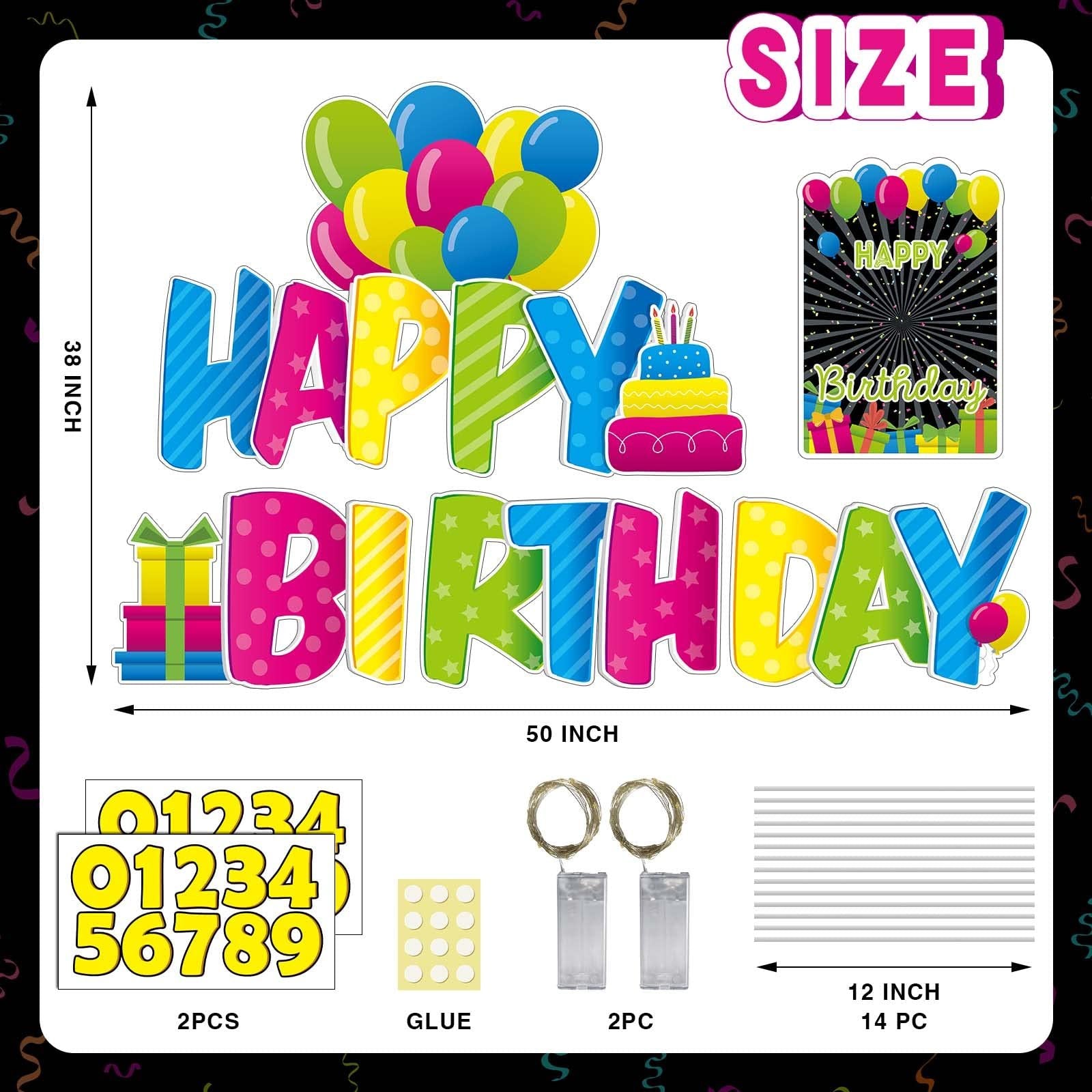 Happy Birthday yard sign letters with balloons and cake graphic, includes stakes, LED lights, number stickers, and glue dots.