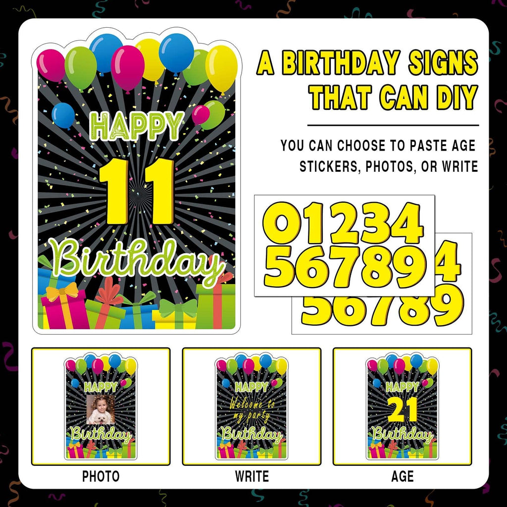 Happy Birthday yard sign with balloons, confetti, gifts, and number 11, plus examples of photo, write-in, and age customization.