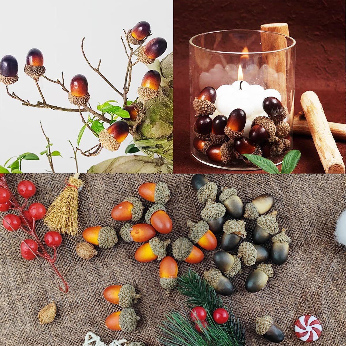 Collage of artificial acorns in various arrangements: on branches, in a glass vase with a candle, and scattered on a textured surface with festive accents.