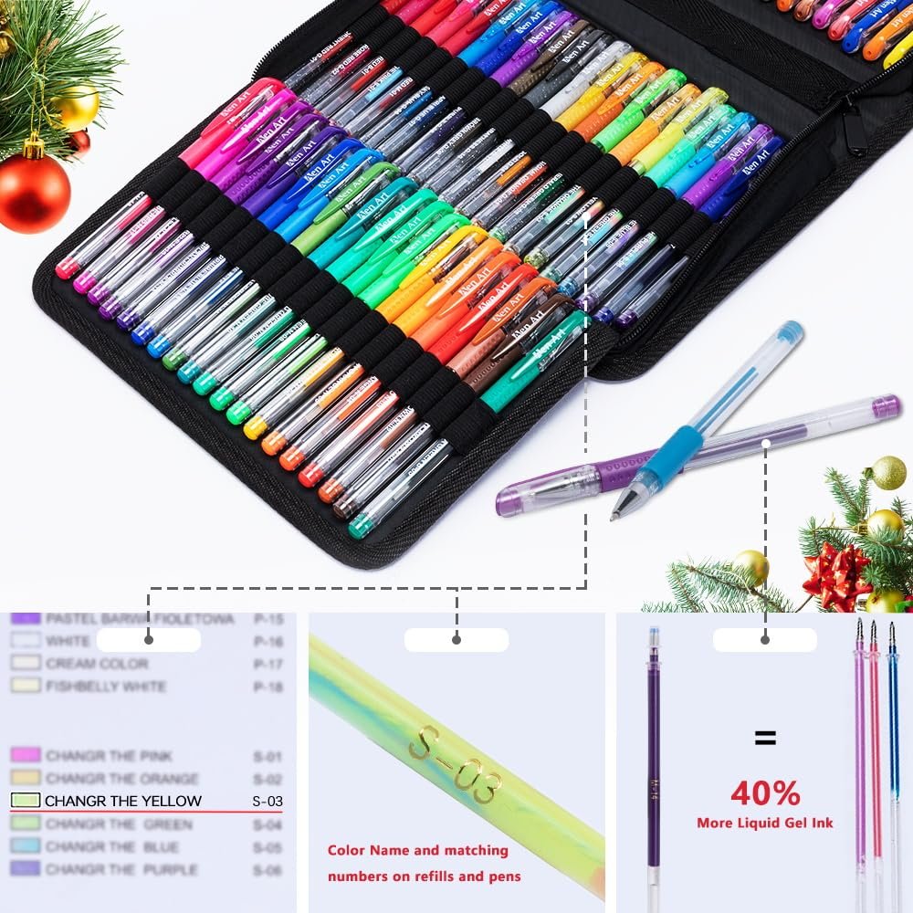 Set of 160 colored gel pens in a black case, with close-ups of pen details and ink refill information.