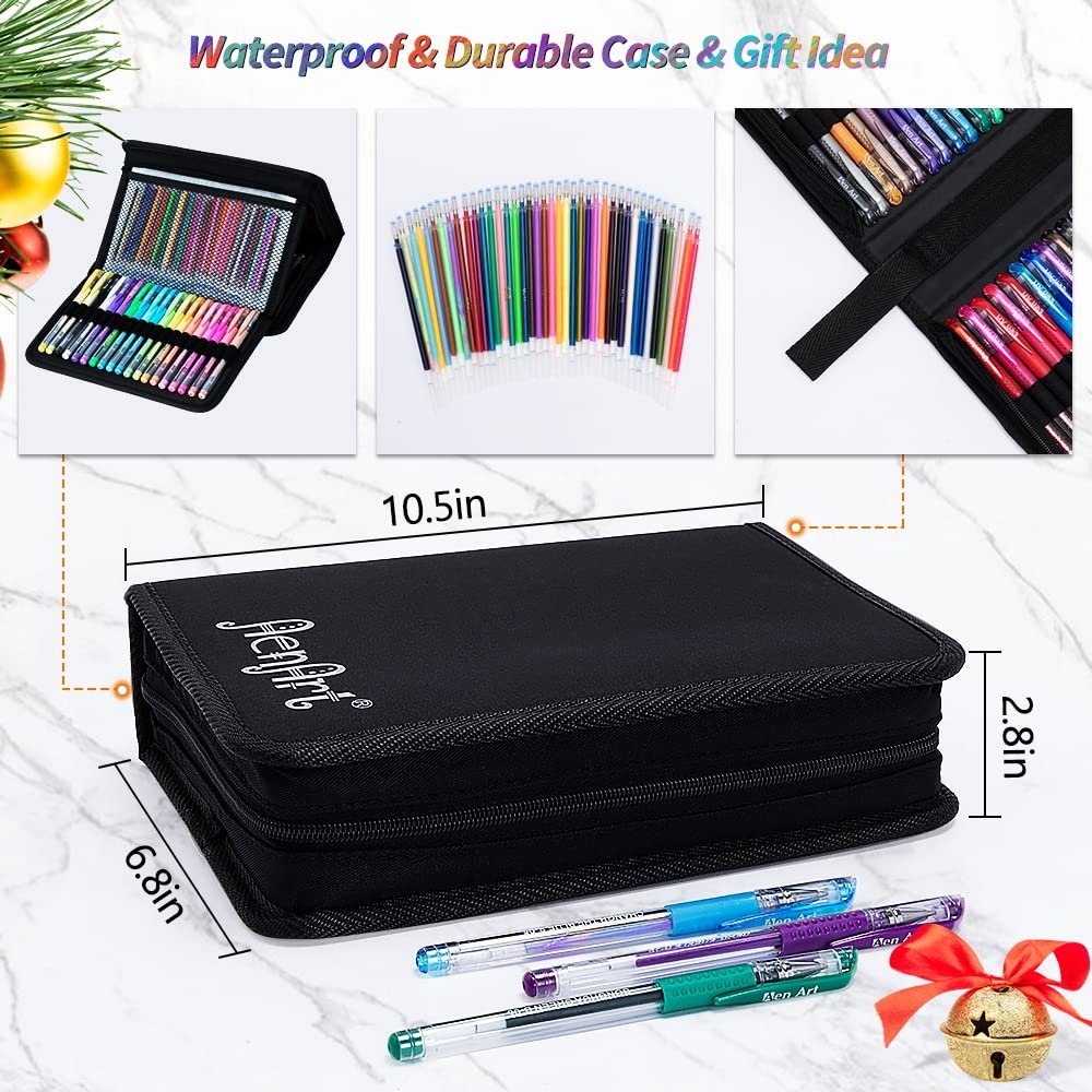 Black case with 160 artist gel pens, shown open and closed, with dimensions and close-ups of pens and case interior.