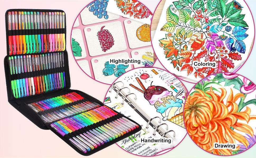 Open black case filled with 160 colorful gel pens, with inset circular images showing highlighting, coloring, handwriting, and drawing.