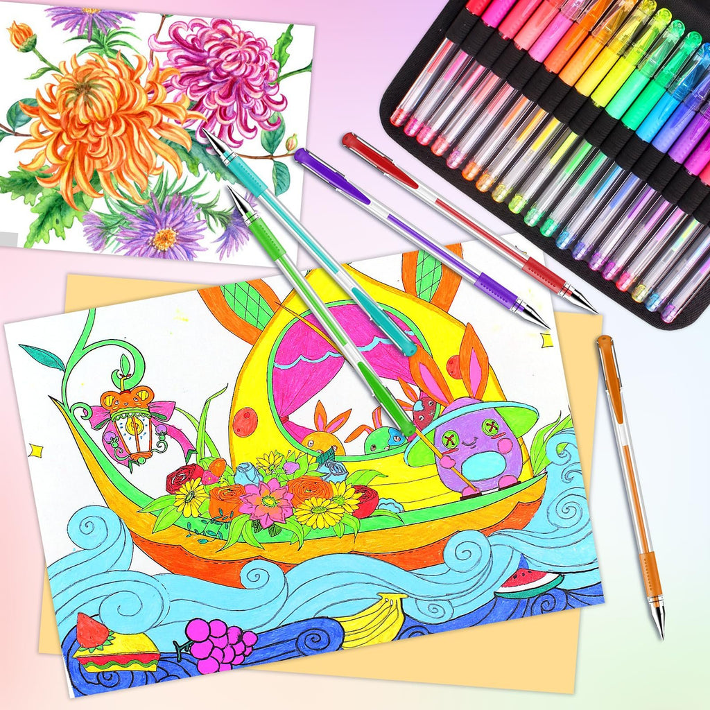 Assorted gel pens and coloring pages featuring flowers and a whimsical boat scene