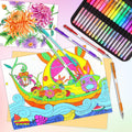 Assorted gel pens and coloring pages featuring flowers and a whimsical boat scene