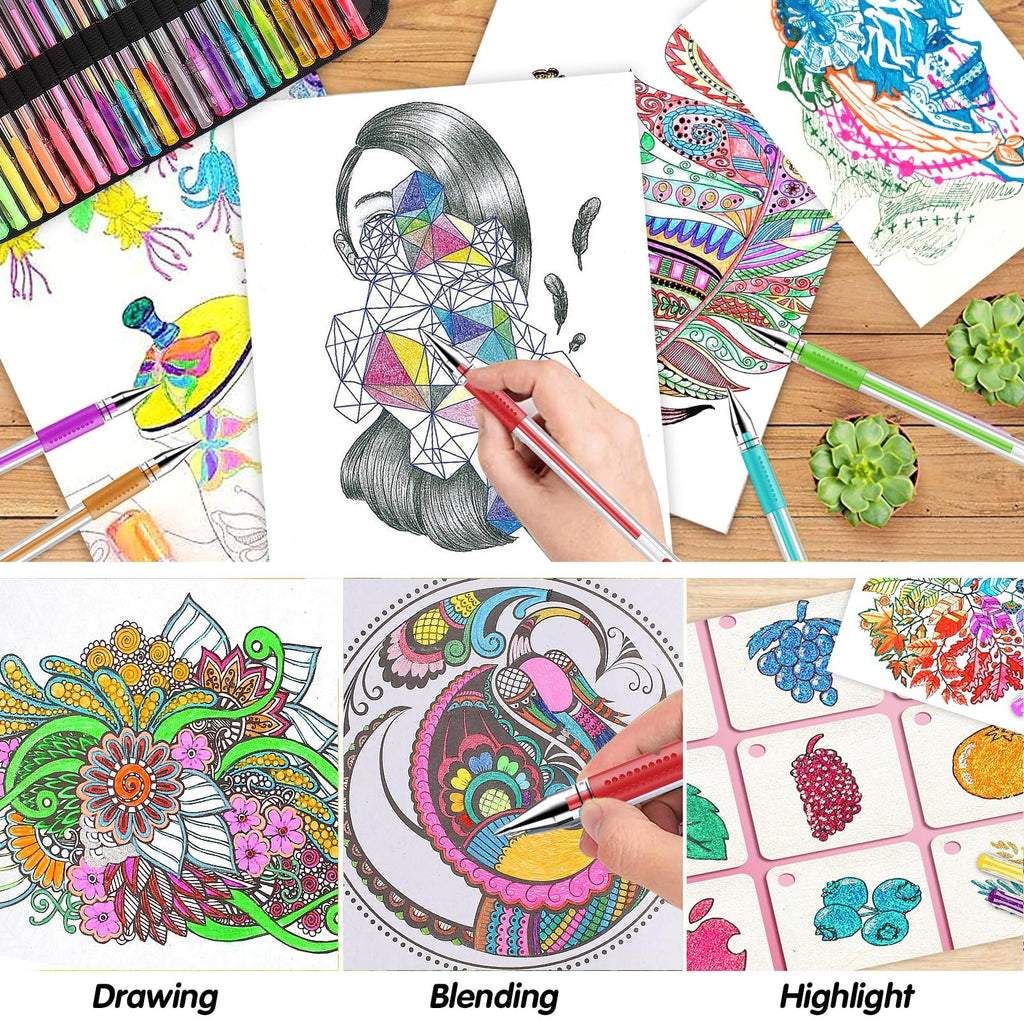 Collage of gel pens and artwork: top row shows pens and drawings, bottom row shows detailed coloring and examples of glitter, neon, metallic, and pastel effects.