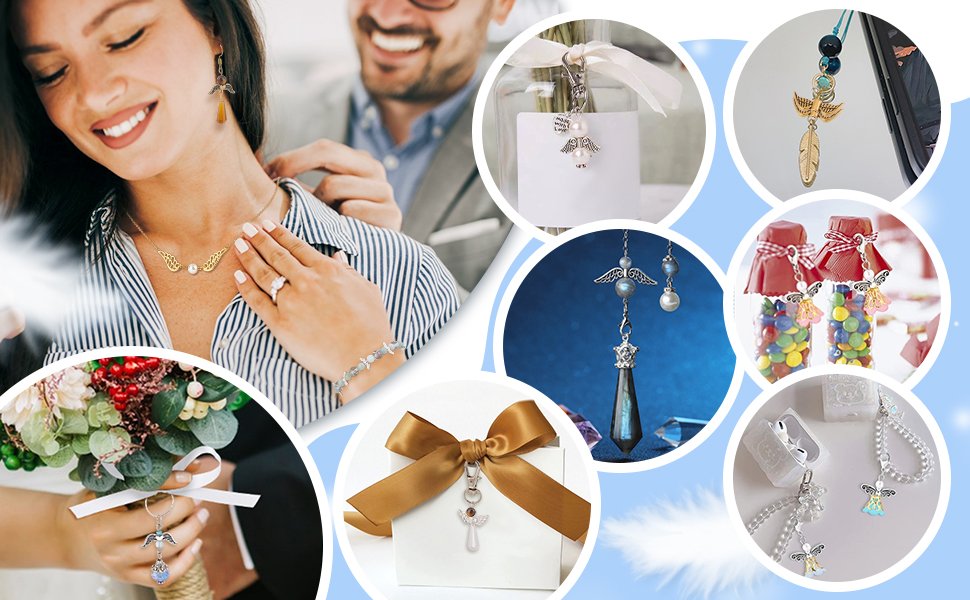 Collage of angel wing charms and jewelry for DIY crafts and gifts, showing them worn and in various settings.