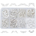Silver alloy angel wing spacer beads in a divided plastic case, with examples shown above and below.