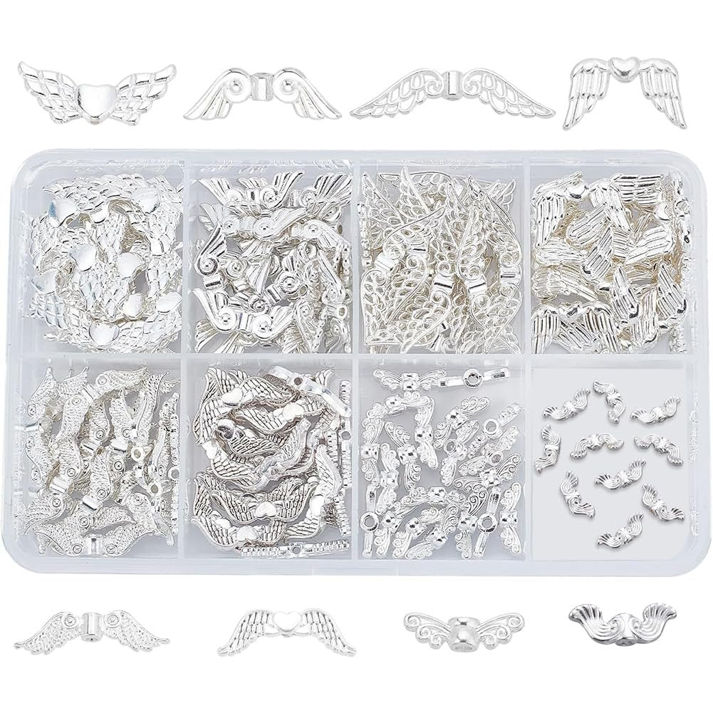 Silver alloy angel wing spacer beads in a divided plastic case, with examples shown above and below.