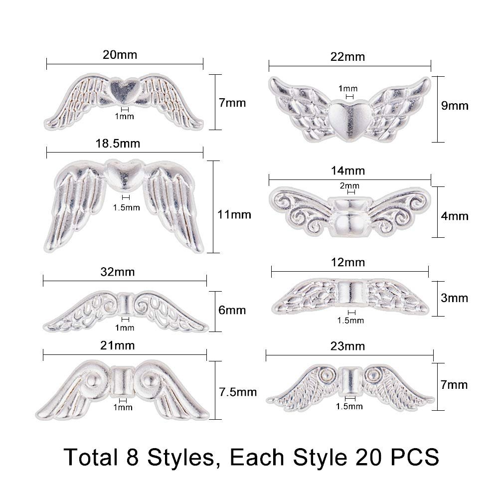 Eight styles of angel wing metal spacer beads with dimensions labeled, bright silver alloy, for jewelry making.