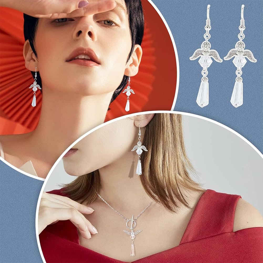 Model wearing angel wing earrings and necklace, close-up of earrings shown separately