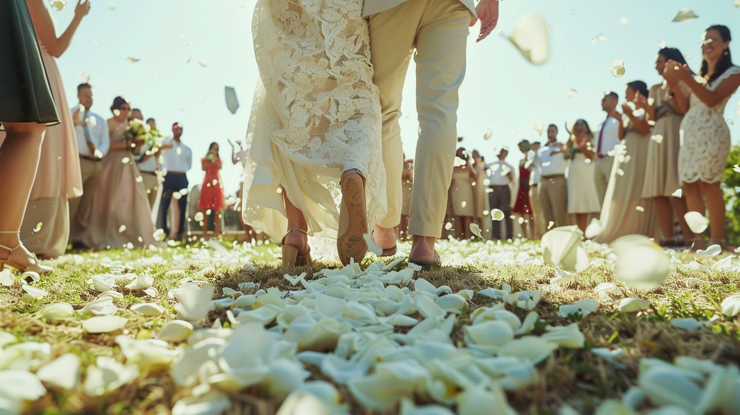 Wedding couple walking away from camera with guests watching, showered with white rose petals.