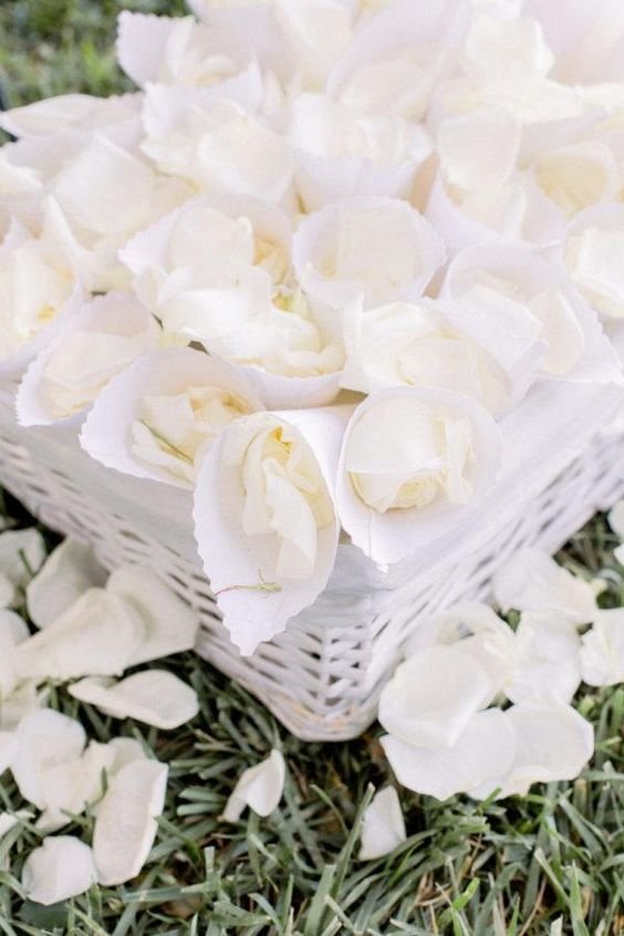 White rose petals in paper cones arranged in a white basket on grass