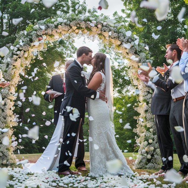 Bride and groom kissing under a floral archway as white rose petals fall around them during a wedding ceremony.