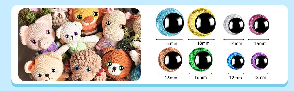 Assortment of crocheted stuffed animals with glitter safety eyes and a separate display of glitter safety eyes with size indicators.