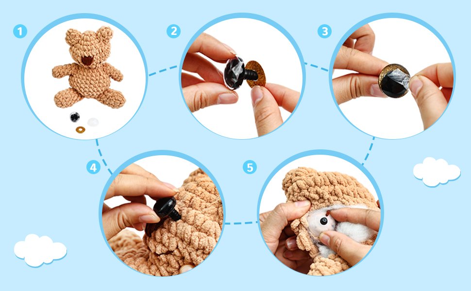 Step-by-step guide showing how to attach safety eyes to a crochet teddy bear. Includes close-ups of eyes, washers, and insertion.
