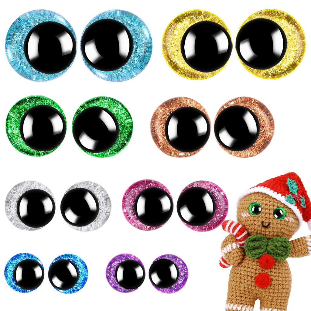 Assorted glitter safety eyes in blue, yellow, green, copper, silver, pink, purple, and a gingerbread man with green glitter eyes