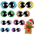 Assorted glitter safety eyes in blue, yellow, green, copper, silver, pink, purple, and a gingerbread man with green glitter eyes