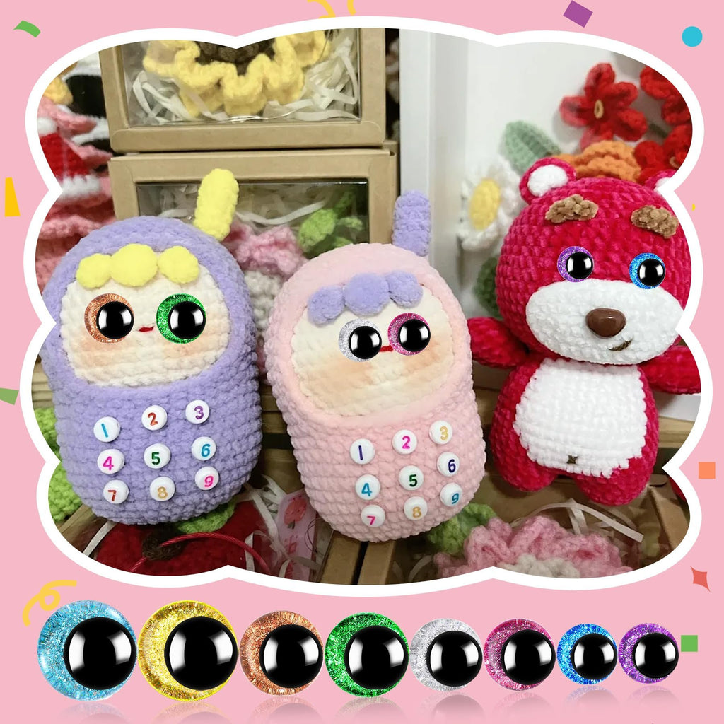 Three crocheted stuffed toys with glitter safety eyes and numbered buttons, plus a display of various glitter safety eyes.