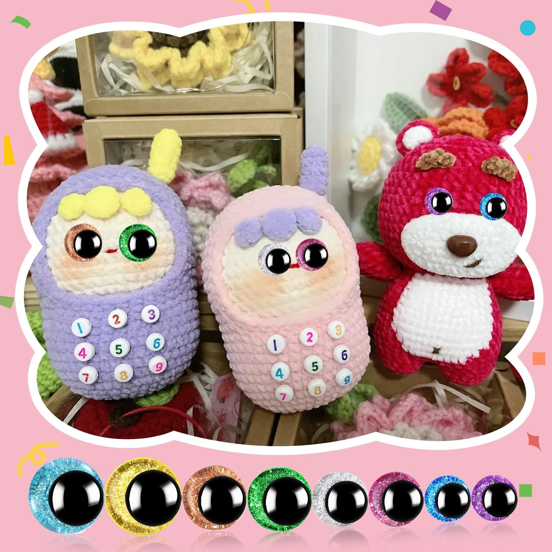 Three crocheted stuffed toys with glitter safety eyes and numbered buttons, plus a display of various glitter safety eyes.