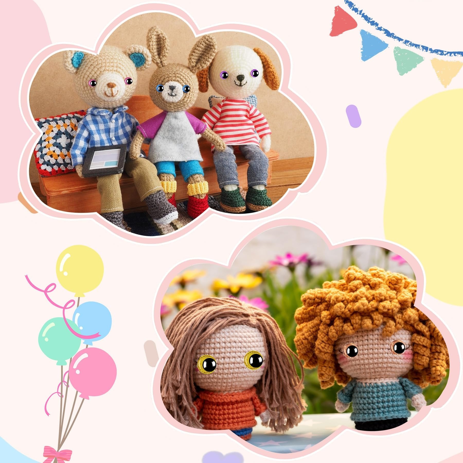 Crocheted animal and doll figures with glitter safety eyes and washers, displayed in a collage with decorative elements.