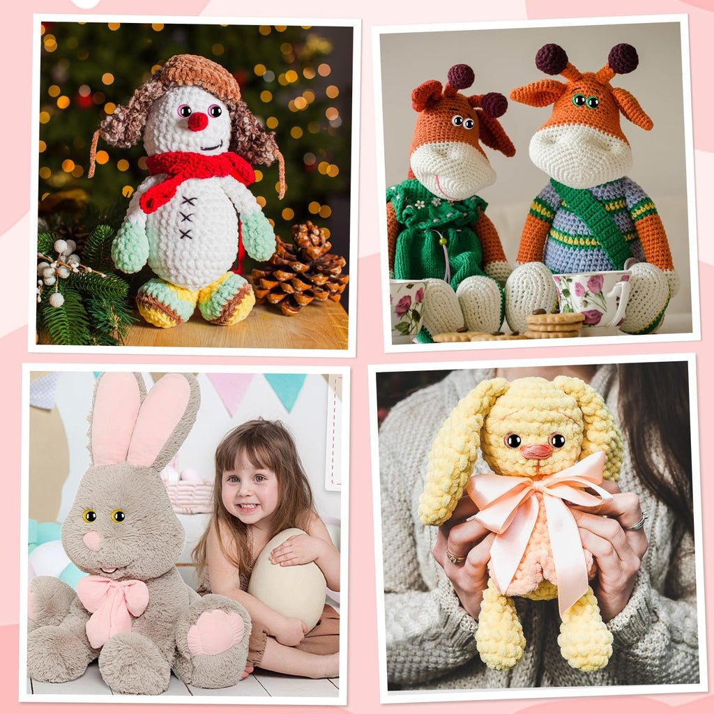 Collage of four crocheted stuffed animals: a snowman with a red scarf, two giraffes in sweaters, a large gray bunny with a child, and a yellow bunny held by hands.