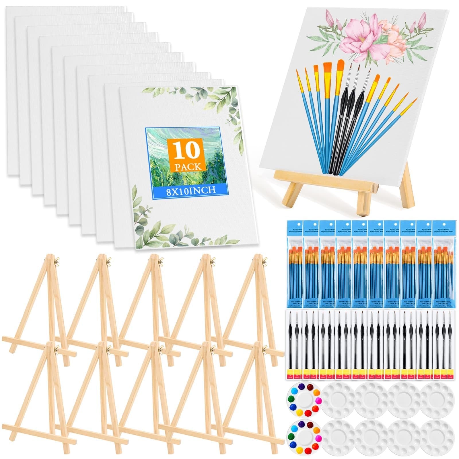 Painting kit contents including canvas boards, easels, brushes, and palettes on a white background.