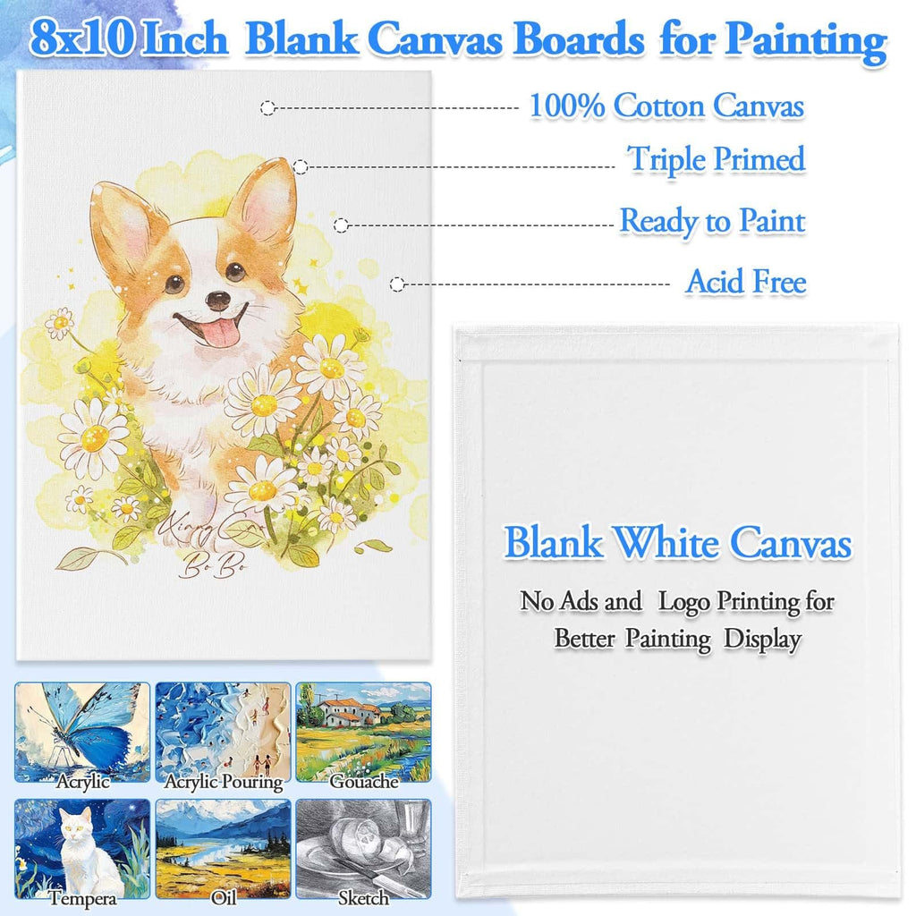 Canvas boards with a corgi illustration and examples of painting styles like acrylic, gouache, and oil.