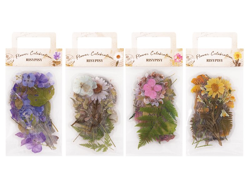 Four packages of pre-cut botanical PET stickers featuring floral and plant designs, displayed side-by-side.