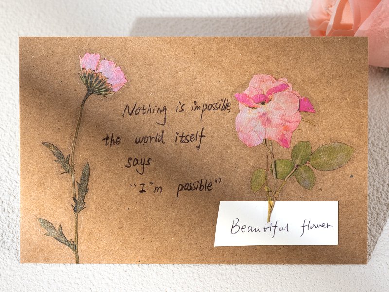 Card with pressed pink flowers and handwritten quote 'Nothing is impossible, the world itself says "I'm possible"' and 'Beautiful flower' label.