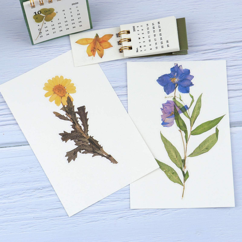 Two sheets of paper with pressed flower stickers, one yellow daisy and one blue and purple flower stem, with a small calendar in the background.