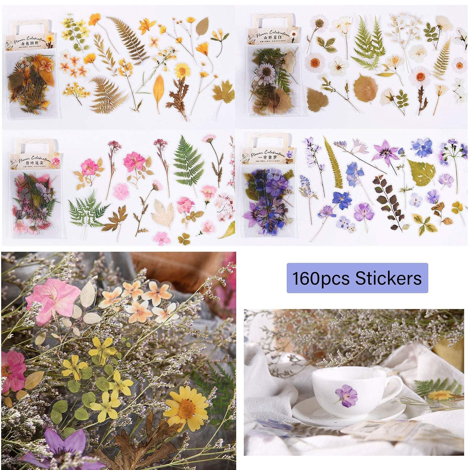 Collage of botanical PET stickers featuring flowers and leaves in various colors and arrangements, with lifestyle shots of stickers on a bouquet and a teacup.