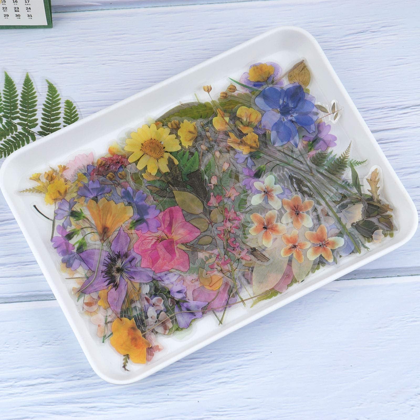 Assortment of pre-cut botanical PET stickers featuring colorful flowers and leaves, presented in a white tray.