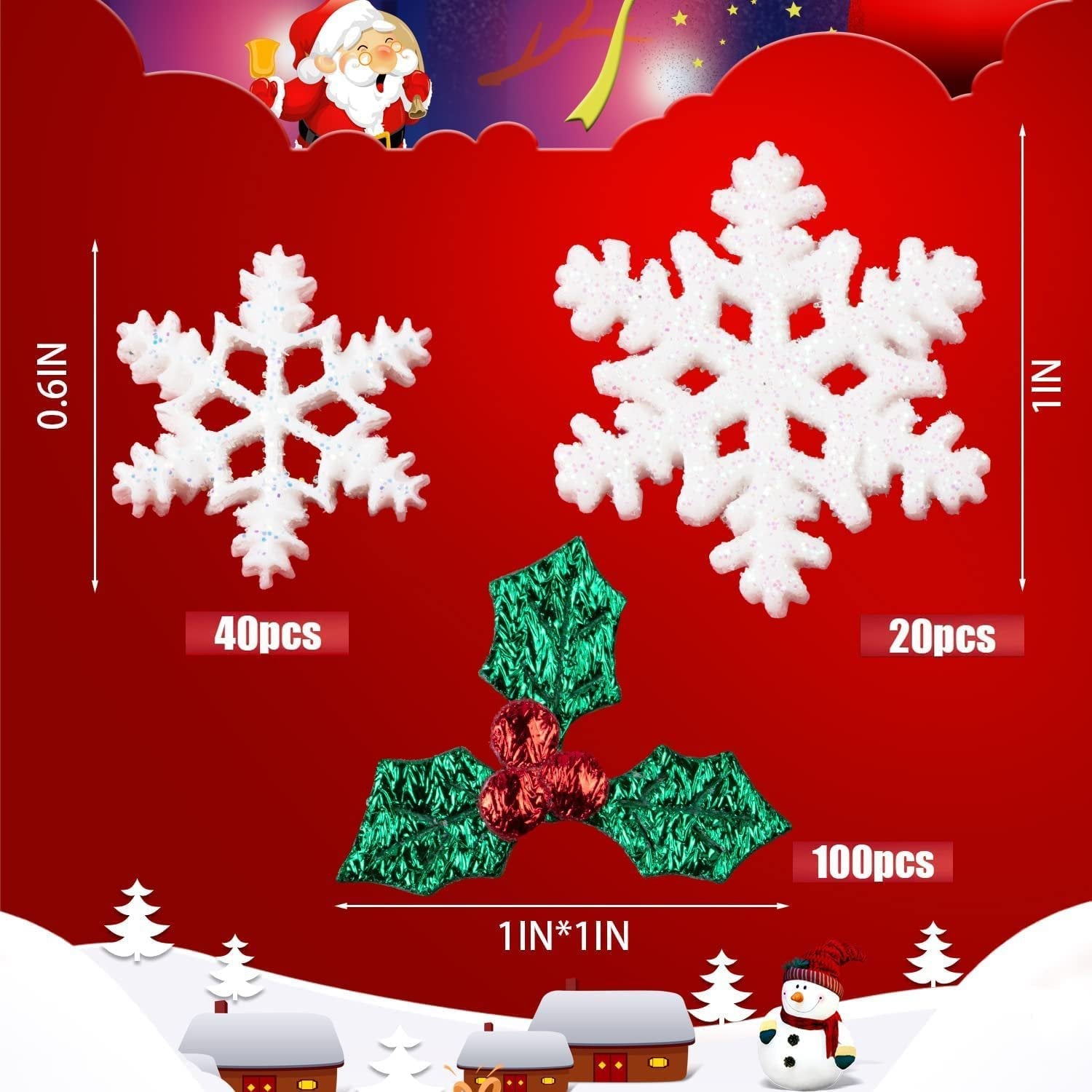 Christmas craft assortment with white glitter snowflakes and green holly berries, showing sizes and quantities.