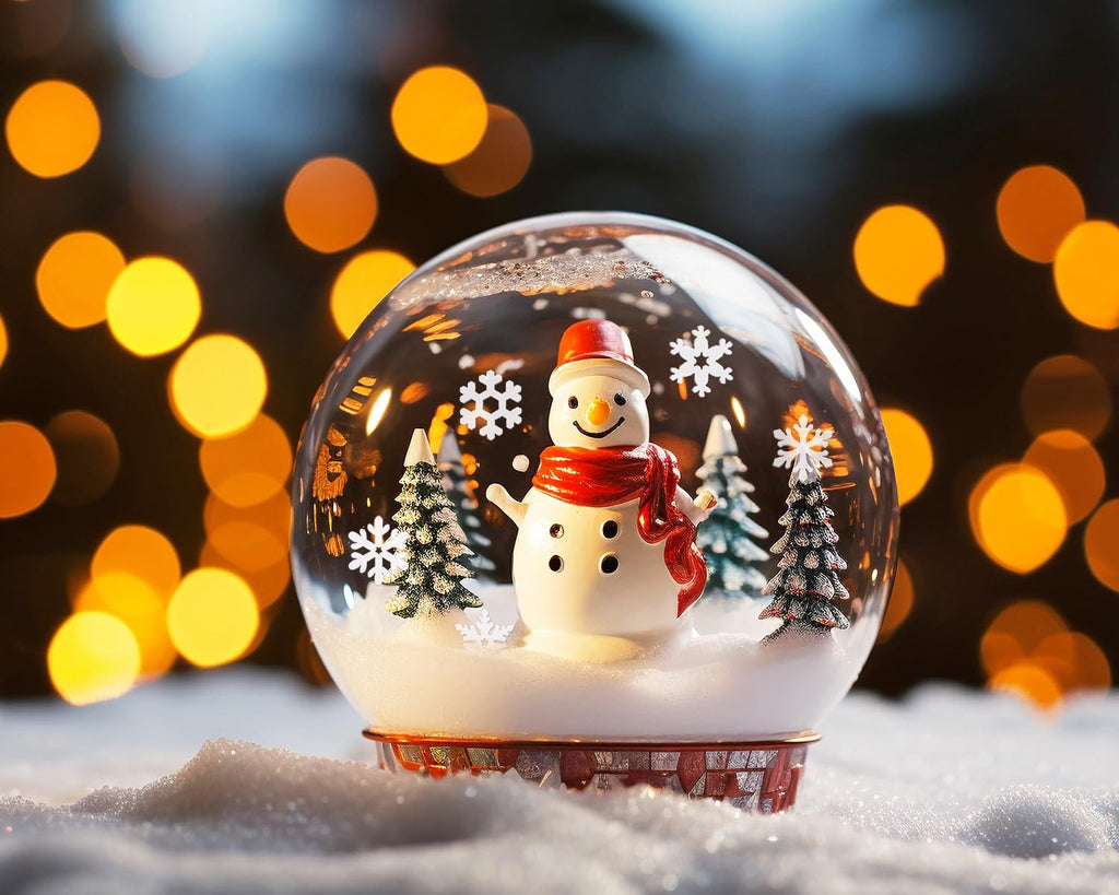 Snow globe with a snowman, Christmas trees, and snowflakes inside, set against a bokeh background of warm lights.