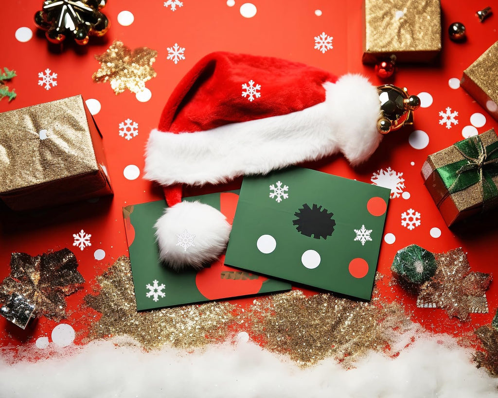 Christmas flat lay with Santa hat, gift boxes, glitter, and snowflake cutouts on a red background.