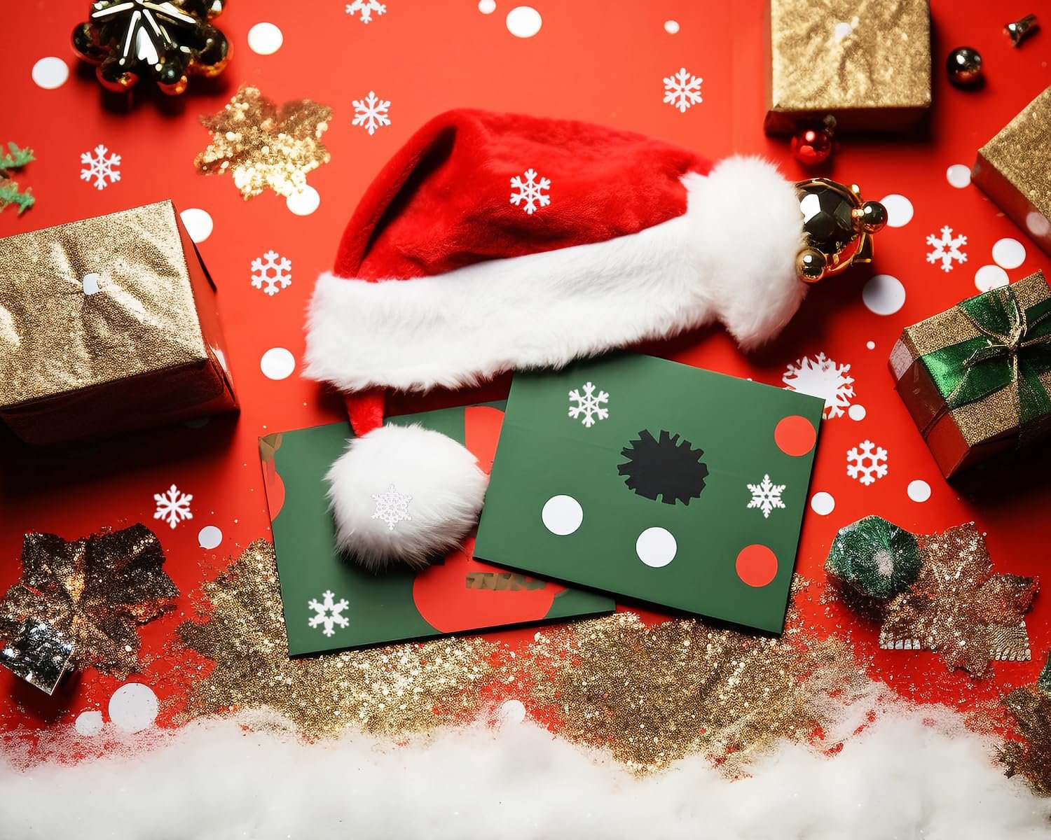 Christmas flat lay with Santa hat, gift boxes, glitter, and snowflake cutouts on a red background.