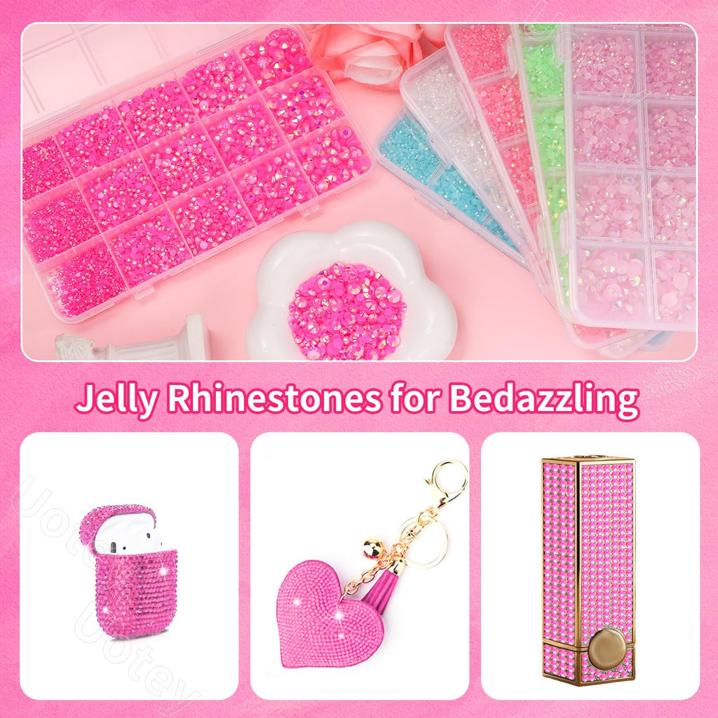 Assortment of pink jelly rhinestones in divided containers and applied to an AirPods case, heart keychain, and lipstick holder.