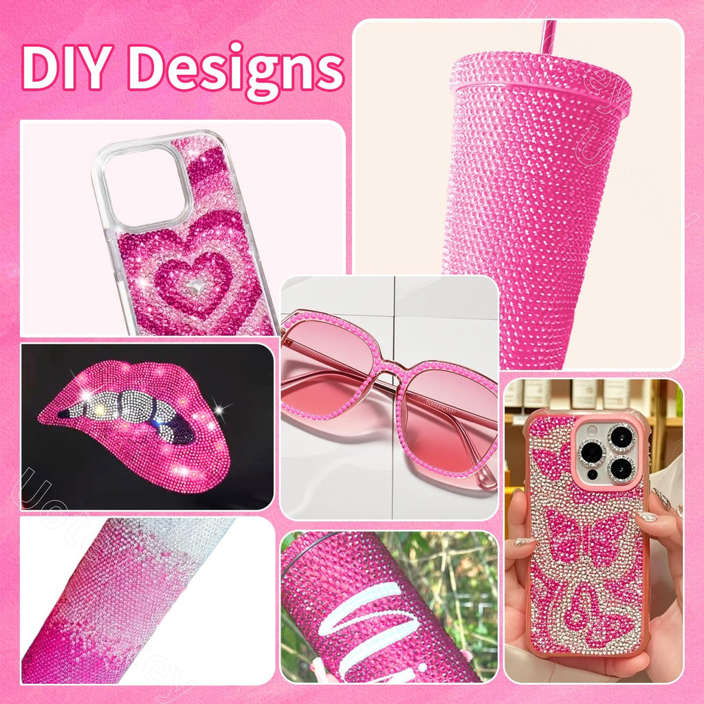 Collage of pink rhinestone crafts including a phone case with a heart, a tumbler, sunglasses, lips, and a phone case with butterflies.