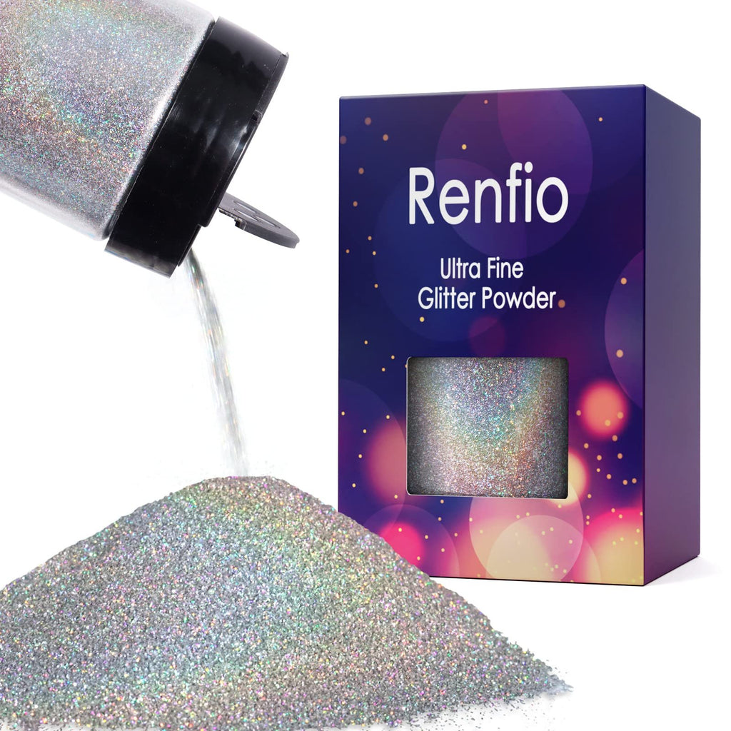 Holographic ultra fine glitter powder being poured from a shaker onto a pile of glitter.