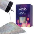 Holographic ultra fine glitter powder being poured from a shaker onto a pile of glitter.