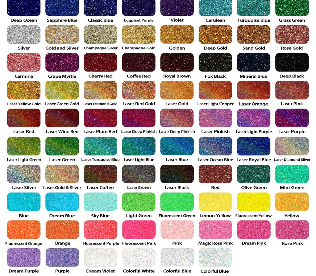 Color chart displaying various shades of holographic ultra fine glitter powder for crafts.
