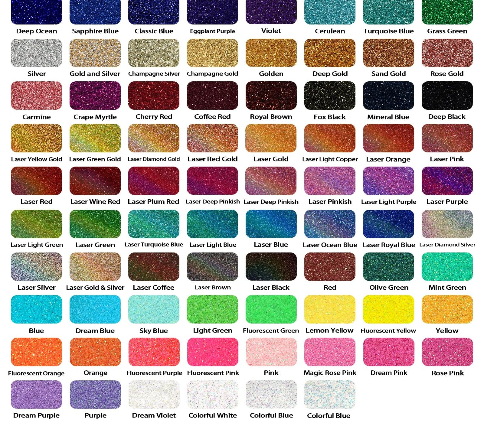 Color chart displaying various shades of holographic ultra fine glitter powder for crafts.