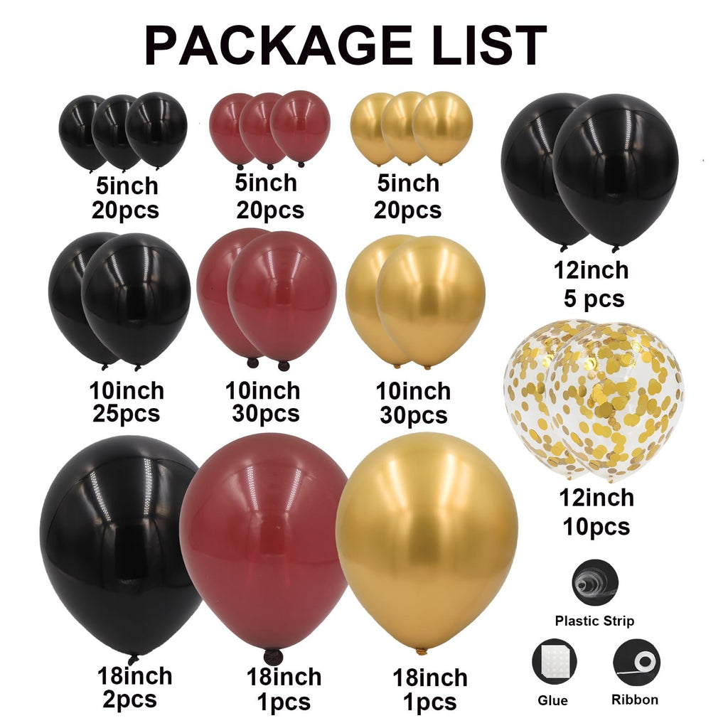 Package list showing various sizes and quantities of black, burgundy, gold, and confetti balloons, plus accessories like plastic strip, glue, and ribbon.