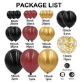 Package list showing various sizes and quantities of black, burgundy, gold, and confetti balloons, plus accessories like plastic strip, glue, and ribbon.