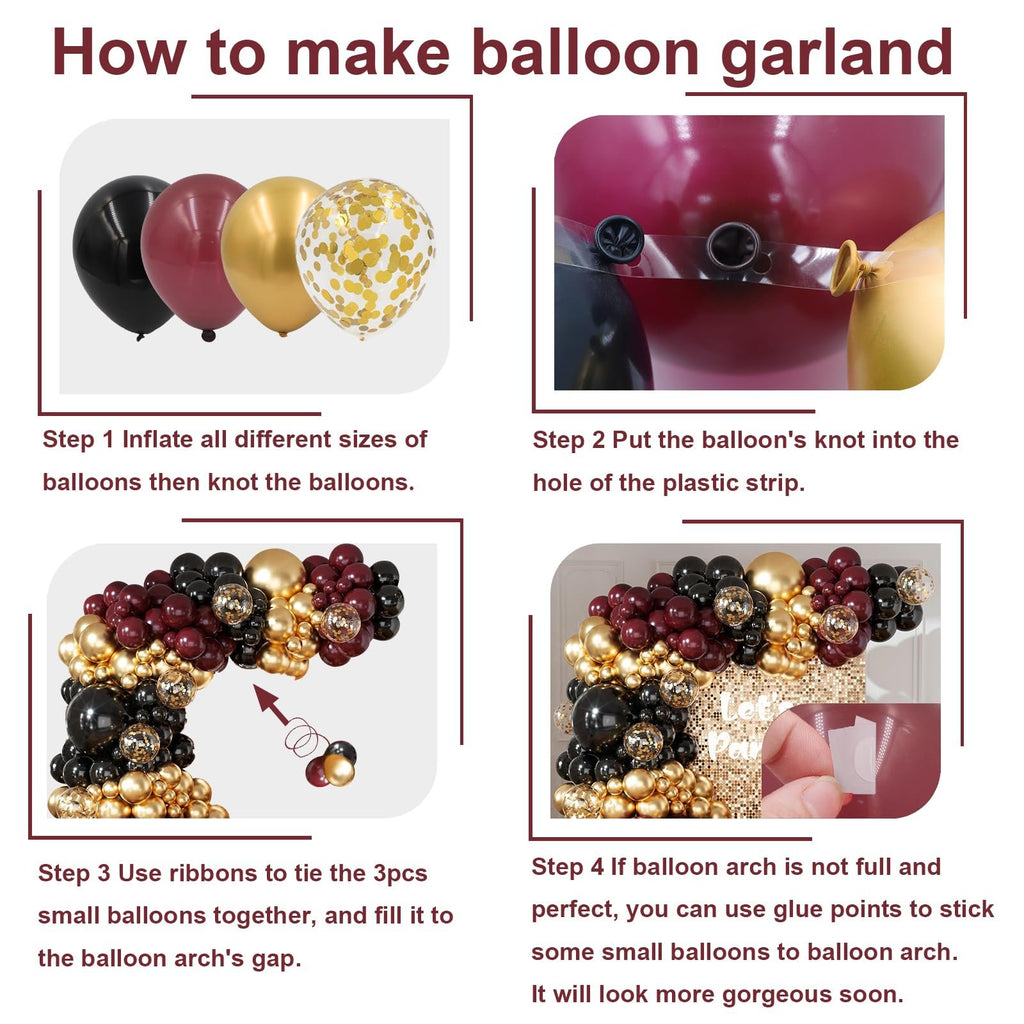 Instructions for making a balloon garland with black, burgundy, gold, and confetti balloons.