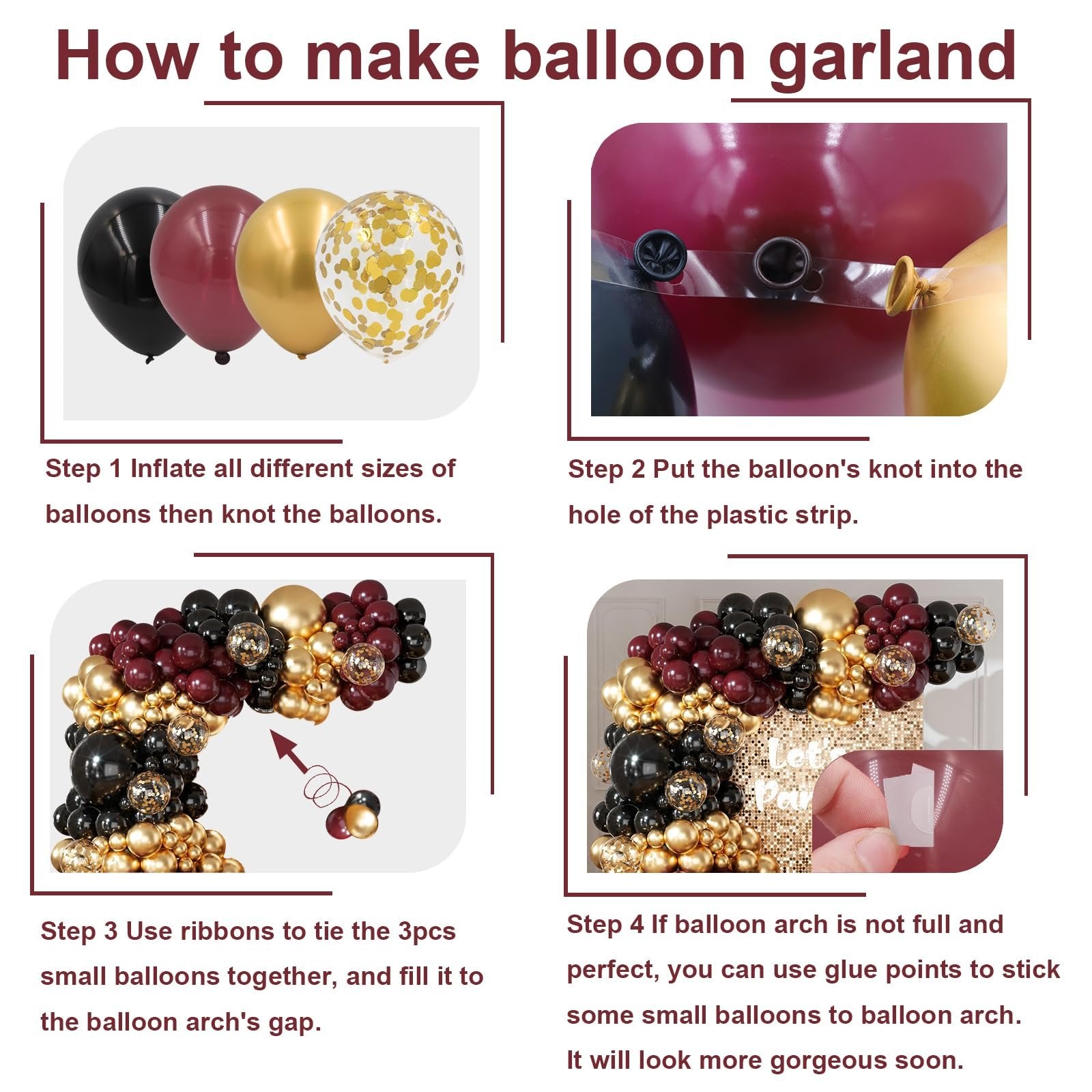 Instructions for making a balloon garland with black, burgundy, gold, and confetti balloons.