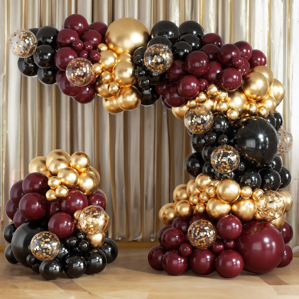 Burgundy, black, and gold balloon arch garland with confetti balloons