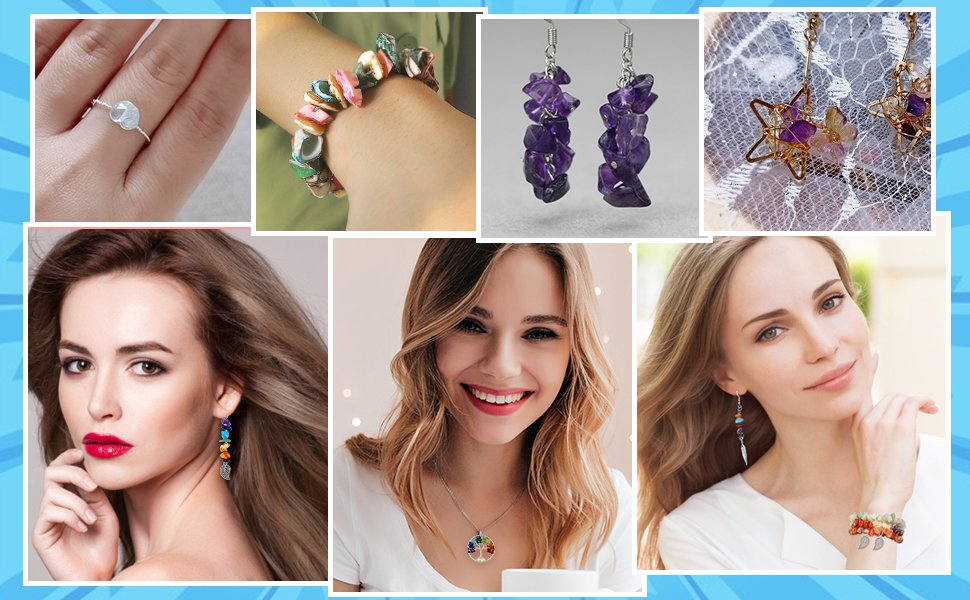 Collage of jewelry making kit examples: ring, bracelet, earrings, necklace, and models wearing jewelry.